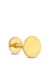 Bouton de manchette en or avec une surface ronde et lisse et un dos texturé. Présente une finition brillante et un design simple, adapté à une tenue formelle.