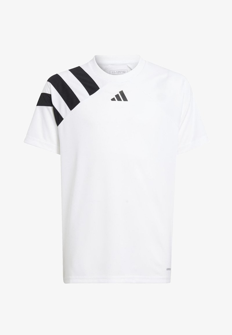 White athletic t-shirt with black diagonal stripes on the left shoulder. Features a crew neck and a logo on the chest. Made of breathable fabric.