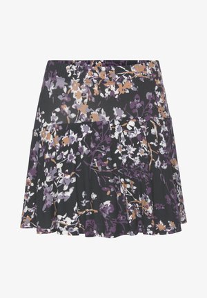 Schwingender Minirock mit schwarzem Grund, der ein florales Muster in Lila, Weiß und Beige aufweist. Mit elastischem Taillenbund, weichem Stoff und gestuftem Design.