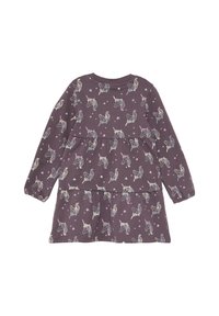 Langes lila Kleid aus Baumwolle mit Einhorn- und Sternmuster, gestuftem Design und runder Ausschnitt.
