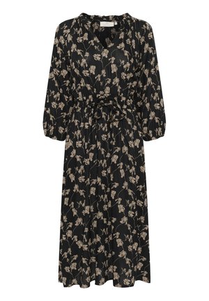 Robe noire avec un motif floral beige. Dotée d'un col en V, de manches trois-quarts et d'une taille cintrée avec un lien. Tissu léger.