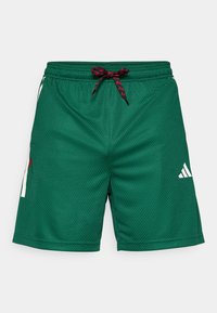 Calções de desporto em malha verde com um padrão texturizado, cordão preto e vermelho e um detalhe do logótipo branco no canto inferior direito.