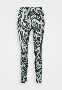 Leggings negros con un patrón ondulado de verde menta y blanco. Fabricados con un tejido elástico, cuentan con una cintura sin costuras y piernas ajustadas.