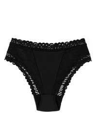 Culotte femme en noire avec bordures en dentelle, présentant un corps noir uni, des bords festonnés et une texture lisse avec des accents décoratifs le long de la taille.