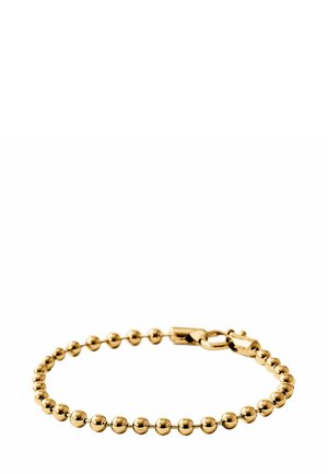 Pulsera de cuentas de oro con un cierre seguro. Presenta cuentas redondas y pulidas ensartadas en una cadena delgada, exhibiendo una superficie brillante y reflectante.