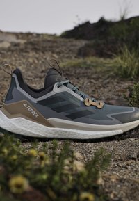 Grijze en bruine Adidas Terrex trailrunning schoen op een rotsachtige buitenoppervlakte met groene planten eromheen.