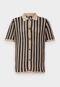 Geweven kort mouwen cardigan in beige en zwart met verticale strepen, voorzien van een kraag en een sluiting met knopen aan de voorkant. Textuur elementen in het ontwerp.