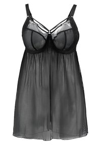 Musta läpinäkyvä yöasu, jossa on muotoillut kupit, säädettävät hihnat ja virtaava hame. Kauluksessa on ristikkäistä yksityiskohtaa.