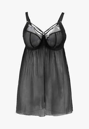 Nuisette noire translucide avec des bonnets structurés, des bretelles réglables et une jupe fluide. Présente des détails croisés au niveau du décolleté.