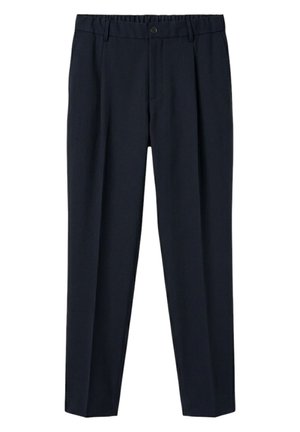 Pantaloni eleganti blu navy con cintura elastica, bottone frontale, tasche laterali e taglio a gamba dritta su sfondo bianco.