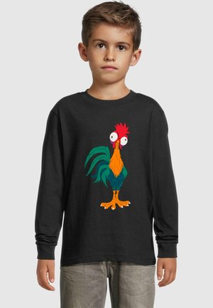 Camiseta negra de manga larga con un gráfico colorido de un gallo de dibujos animados, con una cresta roja, pico amarillo y plumas verdes.