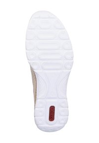 Sole in gomma bianca con motivi testurizzati, bordi lisci e un logo rosso "rieker" al centro.