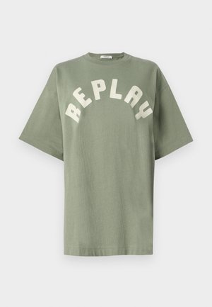 Green cotton t-shirt with a relaxed fit, featuring a rounded neckline and the word "REPLAY" in large, off-white block letters across the chest.