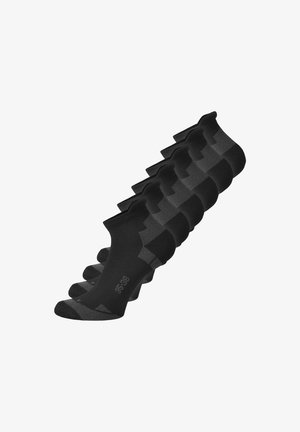 Fünf Paare schwarze Knöchelsocken mit grauen verstärkten Zehen- und Fersenbereichen, in einem gestapelten Arrangement gezeigt.