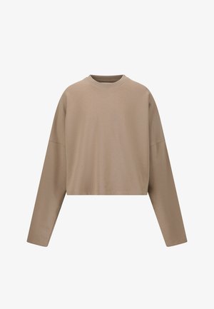 Beige cropped trui met lange mouwen en ronde hals, met een ontspannen pasvorm en afgezakte schouders, op een witte achtergrond.