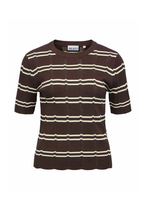 Top de punto marrón de manga corta con rayas horizontales blancas y textura acanalada, con escote redondo y silueta ajustada.
