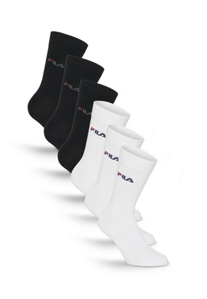 Tre par sorte og tre par hvide crew-sokker med FILA-logo på siden, vist i en forskudt række.