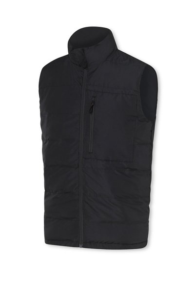 Svart pufferväst med hög krage, framdragkedja och en ficka med dragkedja. Har en quiltad design och slät textur.