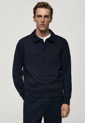 Navy blue pullover sweatshirt with a collar, three button placket, ribbed cuffs, and hem. Made from soft fabric with a smooth texture.