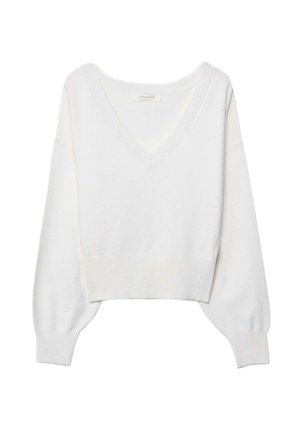 Maglione bianco corto con scollo a V, polsini e orlo a coste. Realizzato in tessuto morbido, presenta maniche lunghe e vestibilità comoda.