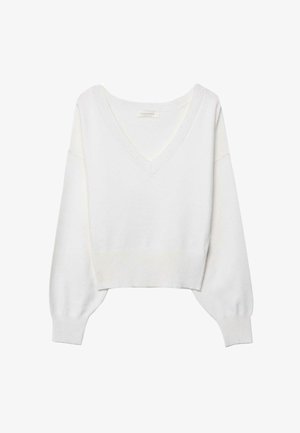 Maglione bianco corto con scollo a V, polsini e orlo a coste. Realizzato in tessuto morbido, presenta maniche lunghe e vestibilità comoda.