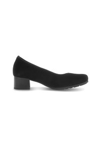 Black suede pump with a rounded toe and a low block heel. The shoe features a smooth surface and a streamlined design.