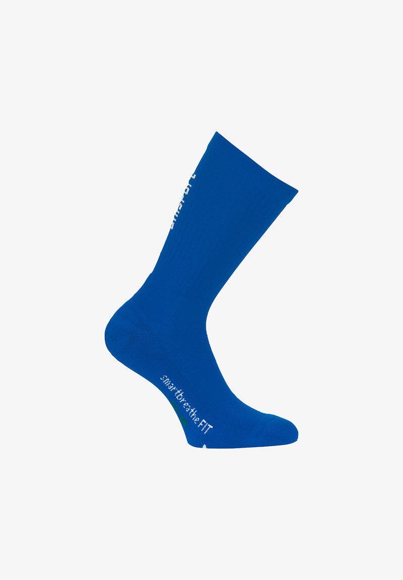 Blå atletisk sok med ribbet tekstur, forstærket tå og hvid logo detaljer på siden. Crew-længde, velegnet til sportsaktiviteter.