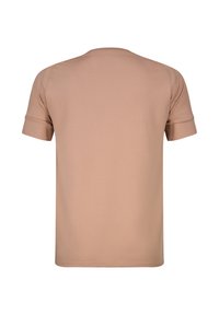 Chemise à manches courtes de couleur marron clair uni, vue de dos, dotée d'un col rond simple et d'une texture de tissu lisse.