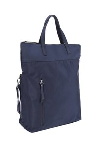 Bolsa tote azul marino con un diseño estructurado, que presenta dos asas, una correa de hombro desmontable y un bolsillo lateral con cremallera.