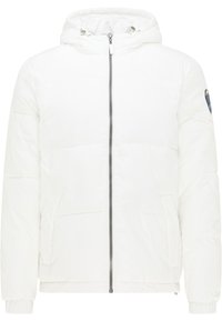 Weiße Pufferjacke mit Kapuze, ausgestattet mit einem Frontreißverschluss, elastischen Bündchen, zwei Seitentaschen und einem Logopatch auf dem linken Ärmel.