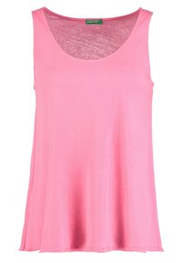 Różowy top bez rękawów wykonany z miękkiego, lekkiego materiału z okrągłym dekoltem i luźnym fasonem, z bocznymi rozcięciami dla dodatkowego komfortu.