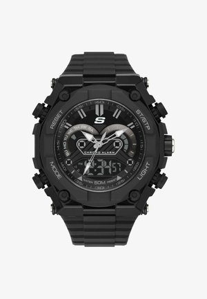 Schwarze Digital-Analog-Armbanduhr mit rundem Zifferblatt, mehreren Tasten, Tagesanzeige, Chrono-Alarm, 50 m Wasserdichtigkeit und Metallarmband.