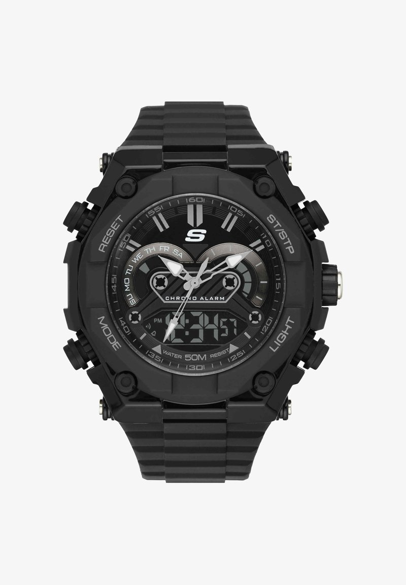 Montre-bracelet numérique-analogique noire avec cadran rond, plusieurs boutons, affichage du jour, alarme chrono, résistance à l'eau 50M et bracelet en métal.