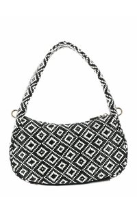 Sac à main à motifs noir et blanc avec une forme arrondie, fabriqué en matériau tissé, doté d'une bandoulière et d'une fermeture éclair.