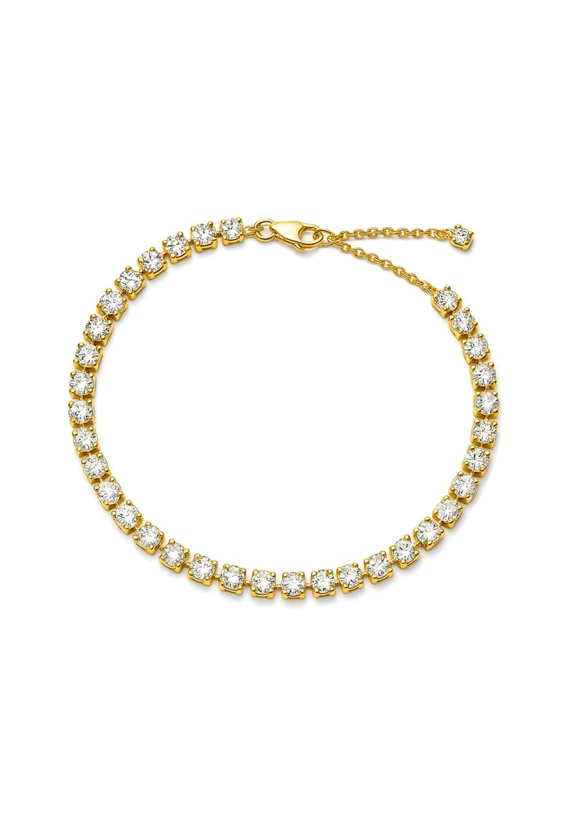 Gold bracelet featuring a continuous line of round, clear cubic zirconia stones set in square prongs, with a secure lobster clasp.