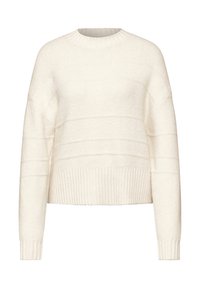 Maglione color crema realizzato in materiale morbido con polsini e orlo a coste, caratterizzato da linee orizzontali sul petto per creare texture.