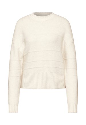 Crème-kleurige trui van zacht materiaal met geribde manchetten en zoom, met horizontale lijnen over de borst voor textuur.