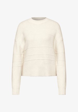 Kremowy sweter wykonany z miękkiego materiału, z prążkowanymi mankietami i dołem, z poziomymi liniami na klatce piersiowej dla dodatkowej tekstury.