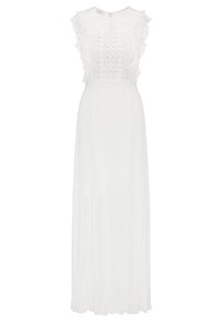 Biała sukienka maxi z koronkowym gorsetem i falbanianymi rękawami, z plisowaną spódnicą. Tkanina wydaje się lekka i zwiewna.