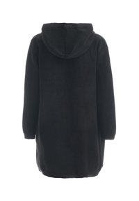 Sweat à capuche noir en maille à manches longues avec poignets et bas côtelés, présenté de dos sur fond blanc.