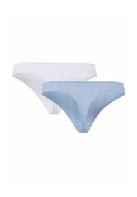 Deux sous-vêtements bikini pour femmes en blanc et bleu clair avec un motif subtil de rayures verticales et d'œillets.