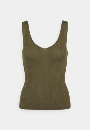 Sleeveless ribbed knit tank top in olive green with a scoop neckline and fitted silhouette.