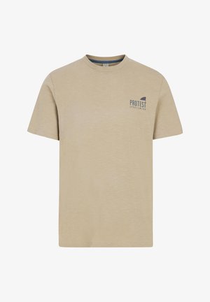 Beige short-sleeve T-shirt made from soft fabric. Features a small blue "PROTEST SPORTSWEAR" logo on the left chest. Classic crew neck design.