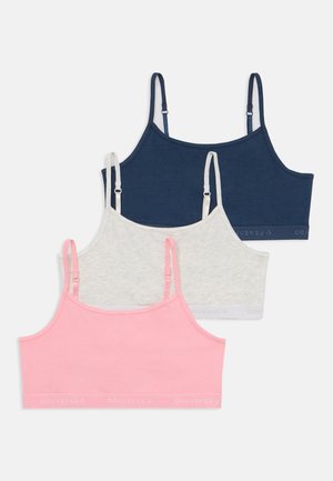 Trei bralette-uri: bleumarin închis, gri deschis și roz. Fabricate dintr-un material moale cu bretele ajustabile și un talie cu brand.