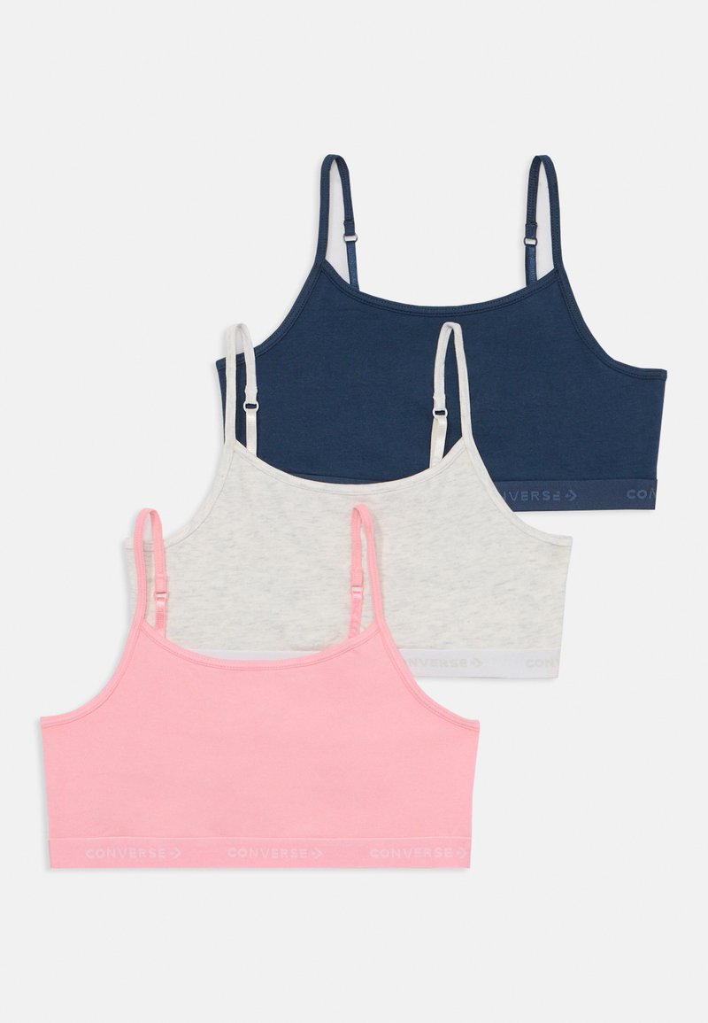 Three bralettes: dark navy, light gray, and pink. Made of soft fabric with adjustable straps and a branded waistband.