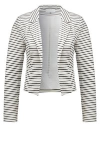 Blazer blanc avec fines rayures horizontales noires, manches longues, devant ouvert et col à revers cranté.