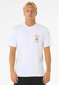 Hvid bomulds t-shirt med korte ærmer, med en farverig grafik på venstre bryst, der står "Waves Hunters" og har et tegneserie design.