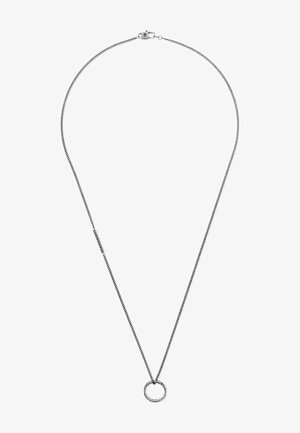 Silberne Kettenhalskette mit einem kreisförmigen Anhänger mit strukturierten Akzenten, die an einer zarten, schlanken Kette mit einem Verschluss hängt.
