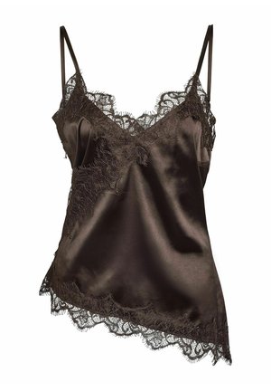 Brown satin camisole featuring lace trim along the neckline and hem, with adjustable thin straps and a flowing, asymmetrical design.