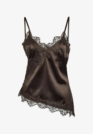 Caraco en satin marron avec bordure en dentelle le long de l'encolure et de l'ourlet, doté de bretelles fines réglables et d'un design fluide et asymétrique.